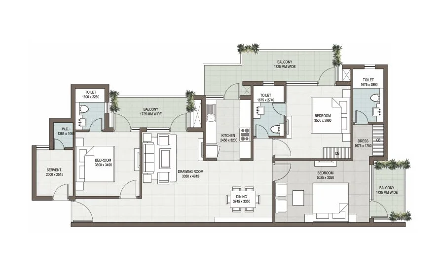 3 BHK plus SER floor plan