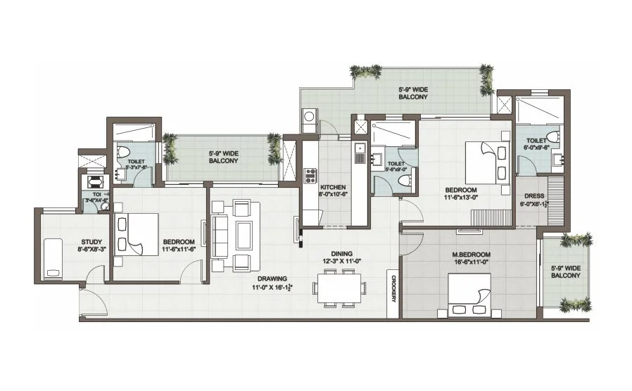 3 BHK plus ST type 1 floor plan