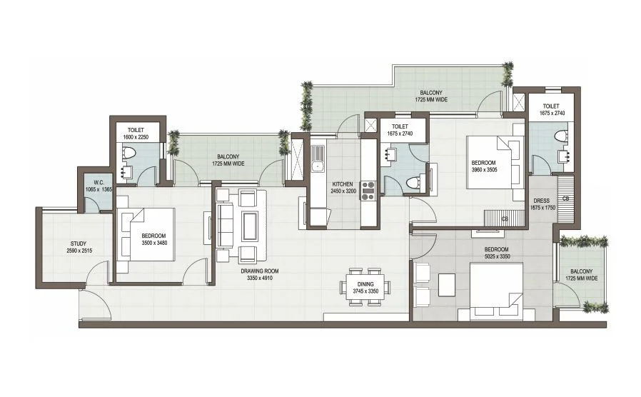 3 BHK plus ST type 2 floor plan